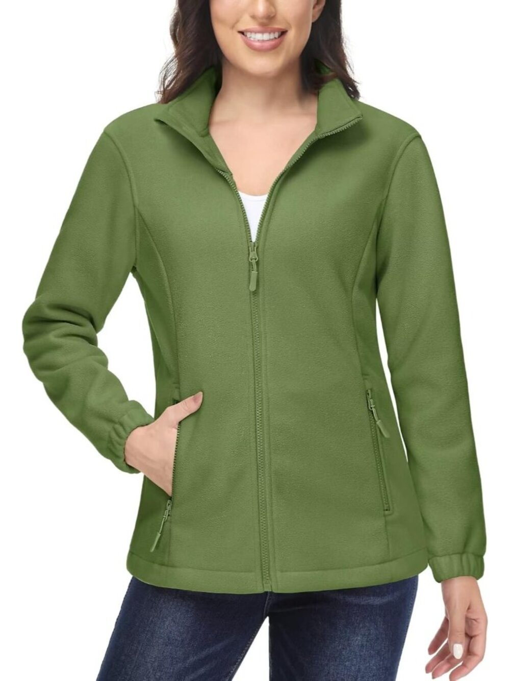Women Green Soft Warm Polar Fleece Full-Zip Jacket Zip Up Pockets Winter Jacket